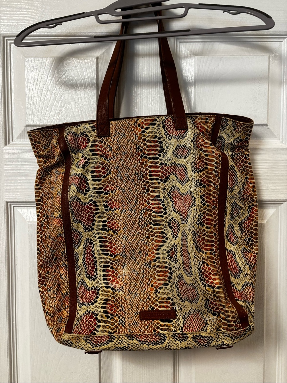 BCBGMaxAzria Brown Snake-Print Tote with Tan and Cream Accents